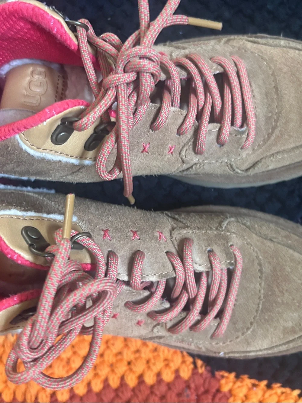 UGG Kids Brown Suede Boots with Pink Laces and Stitching